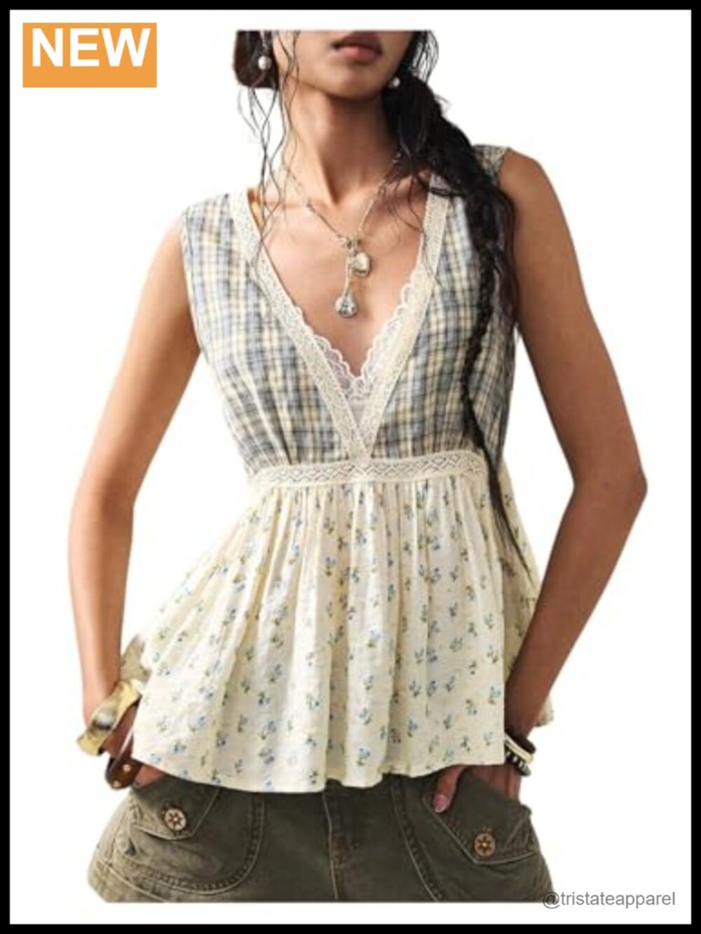 Women's Sleeveless Peplum Top V-Neck Ruffle Hem Reversible